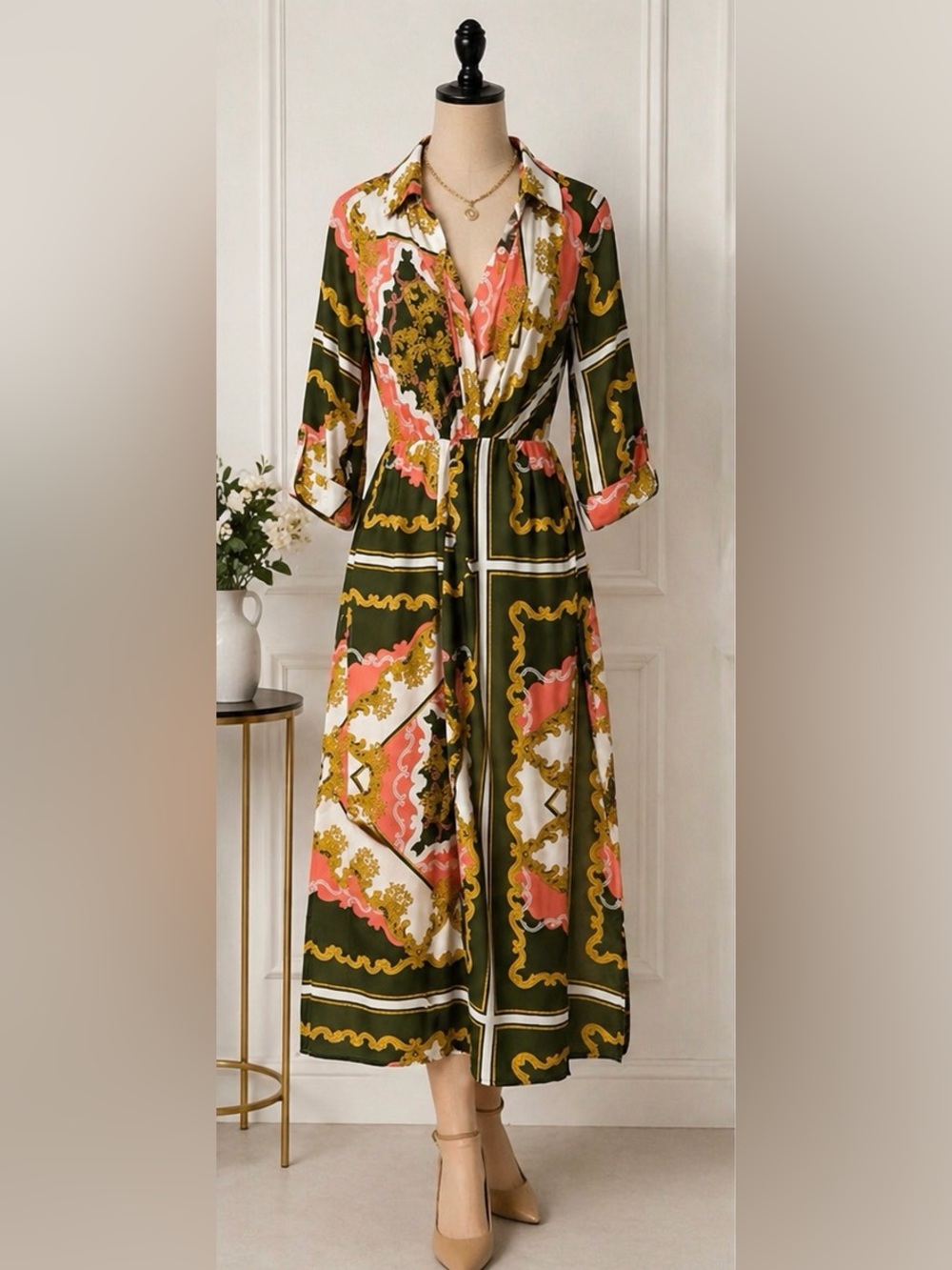 Printed Olive Green & Coral Long Sleeve Midi Shirt Dress